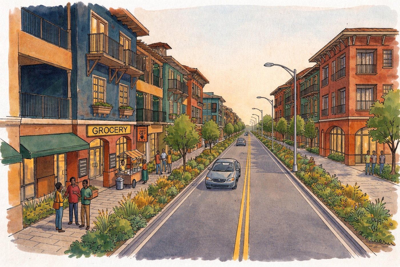 NW 27th Avenue corridor vision — mixed-use, ground-floor retail, planted median and street trees
