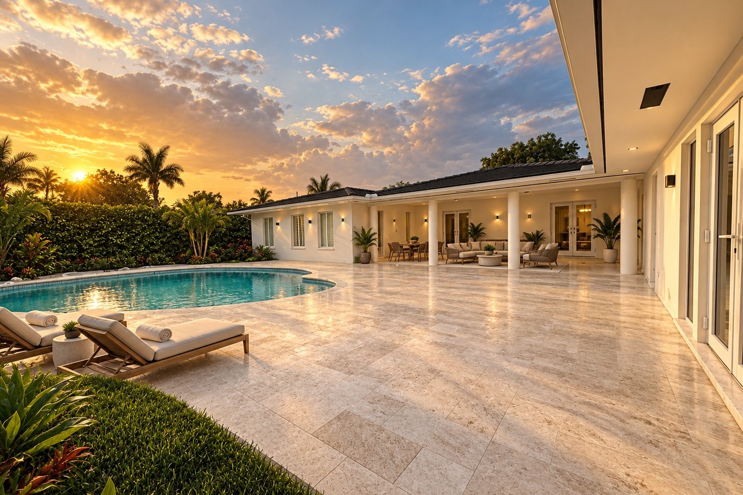 Florida PB — terraza y alberca al atardecer